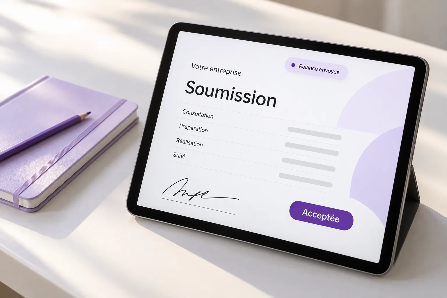 Une tablette affiche une soumission acceptée et une relance envoyée ; à côté, un carnet fermé.