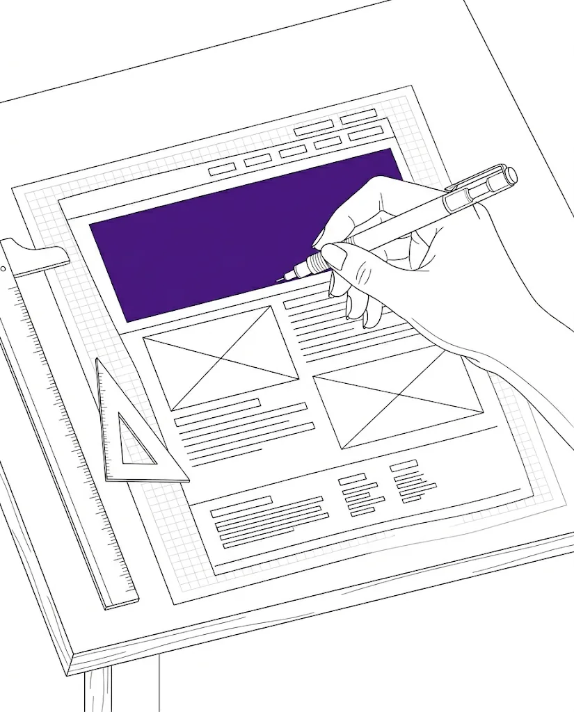 Illustration d'une main dessinant une maquette de site web
