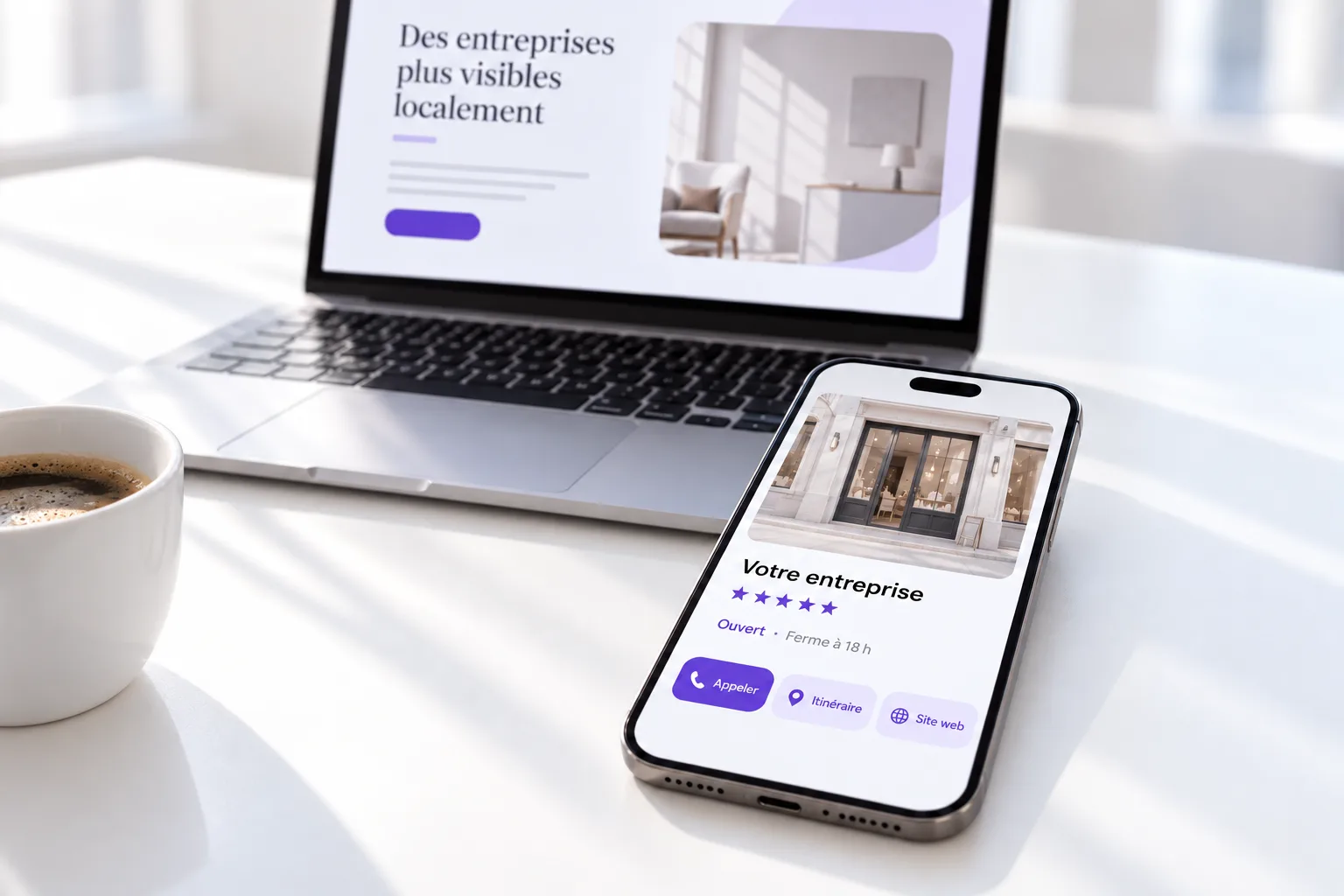 Un téléphone affiche la fiche de « Votre entreprise », ouverte et prête à appeler ; derrière, un site web.