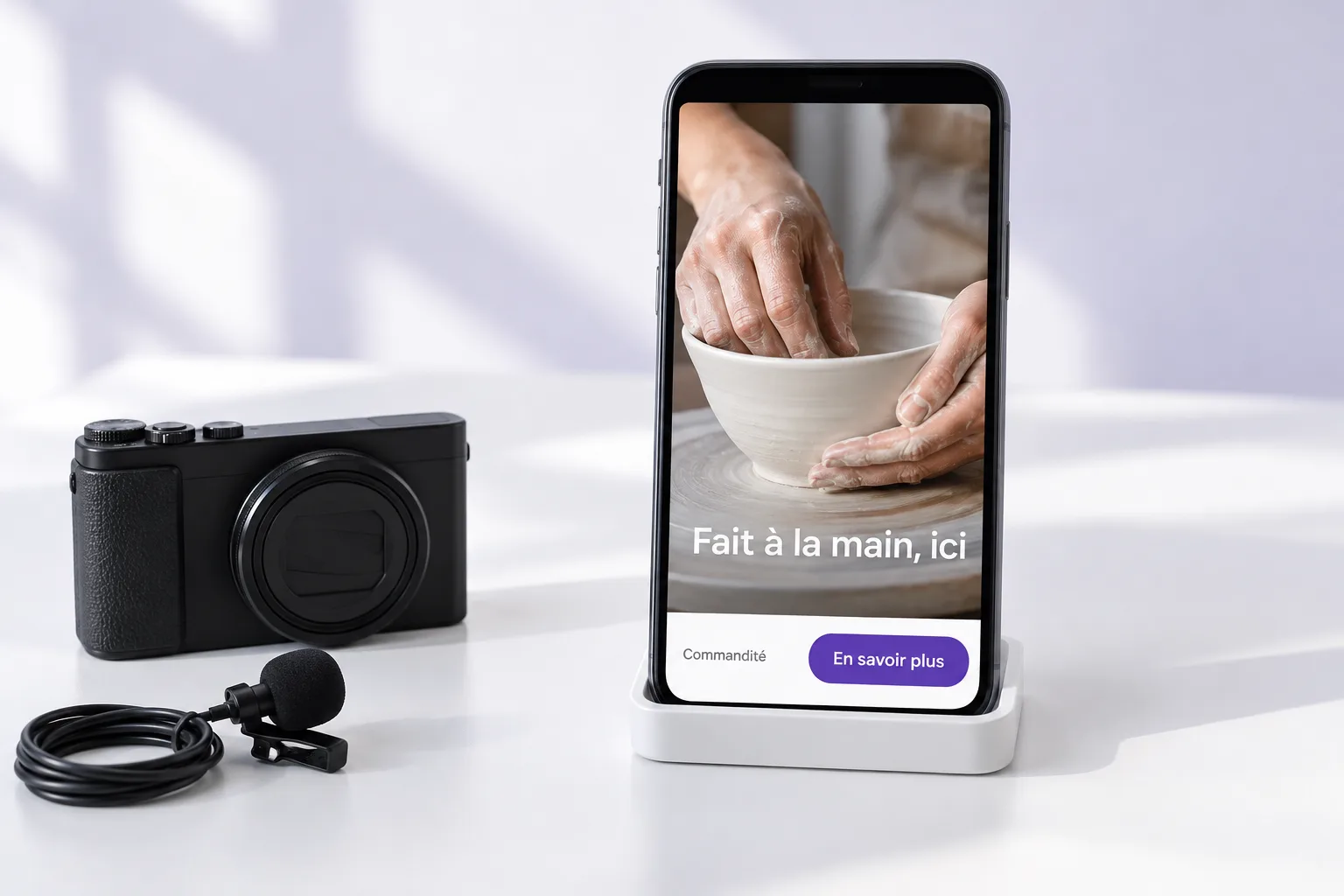 Une publicité vidéo verticale, « Fait à la main, ici », sur un téléphone ; à côté, une caméra et un micro.